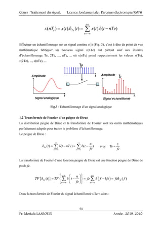 Cours : Traitement du signal, Licence fondamentale : Parcours électronique/SMP6
Pr. Mostafa LAABOUBI Année : 2019-2020
54
( ) ( ). ( ) ( ). ( )
e Te
n
x nT x t t x t t nTe
+∞
=−∞
= δ = δ −
∑
Effectuer un échantillonnage sur un signal continu x(t) (Fig. 3), c’est à dire de point de vue
mathématique fabriquer un nouveau signal x(nTe) nul partout sauf aux instants
d’échantillonnage Te, 2Te, ..., nTe, ... où x(nTe) prend respectivement les valeurs x(Te),
x(2Te), ..., x(nTe), ...
Fig.3 : Echantillonnage d’un signal analogique
1.2 Transformée de Fourier d’un peigne de Dirac
La distribution peigne de Dirac et la transformée de Fourier sont les outils mathématiques
parfaitement adaptés pour traiter le problème d’échantillonnage.
Le peigne de Dirac :
( ) ( ) ( )
Te
n n
n
t t nTe t
fe
+∞ +∞
=−∞ =−∞
δ = δ − = δ −
∑ ∑ avec
1
Te
fe
=
La transformée de Fourier d’une fonction peigne de Dirac est une fonction peigne de Dirac de
poids fe.
{ } ( )
( ) ( )
Te fe
n k
n
TF t TF t fe f kfe fe f
fe
+∞ +∞
=−∞ =−∞
⎧ ⎫
⎛ ⎞
δ = δ − = δ − = δ
⎨ ⎬
⎜ ⎟
⎝ ⎠
⎩ ⎭
∑ ∑
Donc la transformée de Fourier du signal échantillonné s’écrit alors :
 