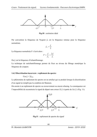 Cours : Traitement du signal, Licence fondamentale : Parcours électronique/SMP6
Pr. Mostafa LAABOUBI Année : 2019-2020
60
-fe/2 fe/2
-A
fe
+A f
-fe/2 fe/2
-A
fe
+A f
Fig.10 : restitution idéal
Par convention la fréquence de Nyquist fN est la fréquence retenue pour la fréquence
normalisée.
2
e
N
f
f =
La fréquence normalisée F s’écrit alors :
2
N e
f f
F
f f
= =
Ou fe est la fréquence d’échantillonnage.
La technique de suréchantillonnage permet de fixer au niveau du filtrage numérique la
fréquence de coupure.
1.6.2 Discrétisation incorrecte : repliement du spectre
Cas fe < 2fmax
Le phénomène de repliement du spectre est un artefact qui se produit lorsque la discrétisation
d’un signal ne remplit pas la condition de Shannon.
On assiste à un repliement de spectre ou recouvrement ou encore aliasing. La conséquence est
l’impossibilité de reconstruire le signal de départ sans erreur X( f ) à partir de Xe( f ) (Fig. 11).
Xe(f)
-A +A
-fe/2 fe/2 fe
Xe(f)
-A +A
-fe/2 fe/2 fe
Fig.11 : repliement de spectre du signal
 
