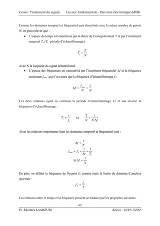 Cours : Traitement du signal, Licence fondamentale : Parcours électronique/SMP6
Pr. Mostafa LAABOUBI Année : 2019-2020
63
Comme les domaines temporel et fréquentiel sont discrétisés avec le même nombre de points
N, on peut relever que :
• L’espace du temps est caractérisé par la durée de l’enregistrement T et par l’incrément
temporel Te (Te période d’échantillonnage) :
e
T
T
N
=
Avec N la longueur du signal échantillonné.
• L’espace des fréquences est caractérisé par l’incrément fréquentiel f
Δ et la fréquence
maximum fmax qui n’est autre que la fréquence d’échantillonnage fe :
max e
f f
f
N N
Δ = =
Ces deux relations ayant en commun la période d’échantillonnage Te et son inverse la
fréquence d’échantillonnage :
1 T 1
.
e
e
T
f N N f
≡ ⇔ =
Δ
Alors les relations importantes liant les domaines temporel et fréquentiel sont :
1
f
T
Δ =
max
1 1
e
e
f f
t T
≡ = ≡
Δ
1
.
t f
N
Δ Δ =
De plus, on définit la fréquence de Nyquist fN comme étant la limite du domaine d’analyse
spectrale :
2
e
N
f
f =
Les relations entre le temps et la fréquence peuvent se traduire par les propriétés suivantes.
 