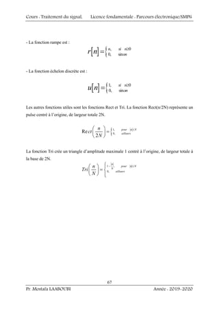 Cours : Traitement du signal, Licence fondamentale : Parcours électronique/SMP6
Pr. Mostafa LAABOUBI Année : 2019-2020
67
- La fonction rampe est :
[ ] { , 0
0, sin
n si n
on
r n ≥
=
- La fonction échelon discrète est :
[ ] {1, 0
0, sin
si n
on
u n ≥
=
Les autres fonctions utiles sont les fonctions Rect et Tri. La fonction Rect(n/2N) représente un
pulse centré à l’origine, de largeur totale 2N.
{1,
0,
Re
2
pour n N
aillaurs
n
ct
N
≤
⎛ ⎞
=
⎜ ⎟
⎝ ⎠
La fonction Tri crée un triangle d’amplitude maximale 1 centré à l’origine, de largeur totale à
la base de 2N.
1 ,
0,
n
pour n N
N
aillaurs
n
Tri
N
− ≤
⎧
⎪
⎛ ⎞
= ⎨
⎜ ⎟
⎝ ⎠ ⎪
⎩
 