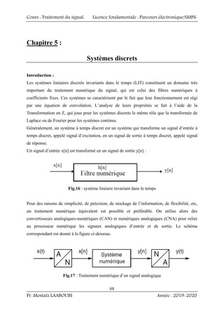 Cours : Traitement du signal, Licence fondamentale : Parcours électronique/SMP6
Pr. Mostafa LAABOUBI Année : 2019-2020
68
Chapitre 5 :
Systèmes discrets
Introduction :
Les systèmes linéaires discrets invariants dans le temps (LIT) constituent un domaine très
important du traitement numérique du signal, qui est celui des filtres numériques à
coefficients fixes. Ces systèmes se caractérisent par le fait que leur fonctionnement est régi
par une équation de convolution. L’analyse de leurs propriétés se fait à l’aide de la
Transformation en Z, qui joue pour les systèmes discrets le même rôle que la transformée de
Laplace ou de Fourier pour les systèmes continus.
Généralement, un système à temps discret est un système qui transforme un signal d’entrée à
temps discret, appelé signal d’excitation, en un signal de sortie à temps discret, appelé signal
de réponse.
Un signal d’entrée x[n] est transformé en un signal de sortie y[n] :
Fig.16 : système linéaire invariant dans le temps
Pour des raisons de simplicité, de précision, de stockage de l’information, de flexibilité, etc,
un traitement numérique équivalent est possible et préférable. On utilise alors des
convertisseurs analogiques-numériques (CAN) et numériques analogiques (CNA) pour relier
au processeur numérique les signaux analogiques d’entrée et de sortie. Le schéma
correspondant est donné à la figure ci-dessous.
Fig.17 : Traitement numérique d’un signal analogique
 
