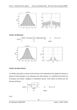 Cours : Traitement du signal, Licence fondamentale : Parcours électronique/SMP6
Pr. Mostafa LAABOUBI Année : 2019-2020
79
Fenêtre de Blackman
0.42 0.5cos(2 ) 0.08cos(4 ) si 0
[ ]
0 sinon
b
n n
n N
w n N N
π π
⎧
− + ≤ ≤
⎪
= ⎨
⎪
⎩
Fenêtre de Kaiser-Bessel
Les fenêtres présentées ci-dessus ont des formes et des atténuations fixes apportant chacune sa
largeur du lobe principal et son atténuation des lobes latéraux. La contribution de Kaiser fut
de proposer une fenêtre s’adaptant à l’atténuation désirée. Cette fenêtre est définie par une
fonction de Bessel :
2
0
0
( 1 (1 )
[ ] si 0
( )
0 sinon
s
k
n
I
N
w n n N
I
β
β
⎧
− −
⎪
⎪
= ≤ ≤
⎨
⎪
⎪
⎩
avec :
 
