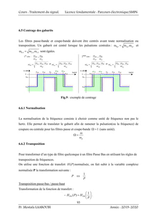 Cours : Traitement du signal, Licence fondamentale : Parcours électronique/SMP6
Pr. Mostafa LAABOUBI Année : 2019-2020
93
6.5 Centrage des gabarits
Les filtres passe-bande et coupe-bande doivent être centrés avant toute normalisation ou
transposition. Un gabarit est centré lorsque les pulsations centrales : 0 2 1
.
p p p
ω = ω ω et
0 2 1
.
A A A
ω = ω ω sont égales.
Fig.9 : exemple de centrage
6.6.1 Normalisation
La normalisation de la fréquence consiste à choisir comme unité de fréquence non pas le
hertz. Elle permet de translater le gabarit afin de ramener la pulsation(ou la fréquence) de
coupure ou centrale pour les filtres passe et coupe-bande 1
Ω = (sans unité).
p
ω
Ω =
ω
6.6.2 Transposition
Pour transformer d’un type de filtre quelconque à un filtre Passe Bas en utilisant les règles de
transposition de fréquences.
On utilise une fonction de transfert ( )
H P normalisée, on fait subir à la variable complexe
normalisée P la transformation suivante :
1
P
P
⇔
Transposition passe-bas / passe-haut
Transformation de la fonction de transfert :
-
1
( )
PH PB
H P H
P
⎛ ⎞
= ⎜ ⎟
⎝ ⎠
.
 