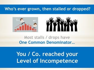 Who’s ever grown, then stalled or dropped?
Most stalls / drops have
One Common Denominator…
You / Co. reached your
Level of Incompetence
 