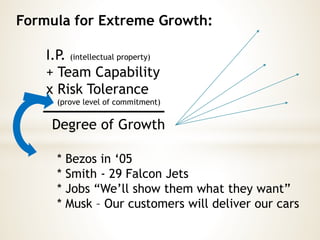 Formula for Extreme Growth:
I.P. (intellectual property)
+ Team Capability
x Risk Tolerance
Degree of Growth
(prove level of commitment)
* Bezos in ‘05
* Smith - 29 Falcon Jets
* Jobs “We’ll show them what they want”
* Musk – Our customers will deliver our cars
 