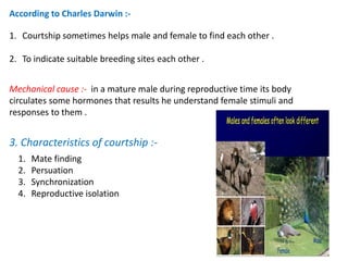 According to Charles Darwin :-
1. Courtship sometimes helps male and female to find each other .
2. To indicate suitable breeding sites each other .
Mechanical cause :- in a mature male during reproductive time its body
circulates some hormones that results he understand female stimuli and
responses to them .
3. Characteristics of courtship :-
1. Mate finding
2. Persuation
3. Synchronization
4. Reproductive isolation
 