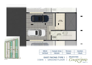 EAST FACING TYPE 1 |
3 BHK | GROUND FLOOR |
SBUA
2475sft
Carpet Area
1953sft
Terrace
756sft
Garden
176sft
 