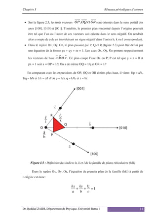Chapitre I Réseaux périodiques d'atomes
Dr. Beddiaf ZAIDI, Département de Physique, Université Batna 1 11
• Sur la figure 2.3, les trois vecteurs OR
OQ
OP et
, sont orientés dans le sens positif des
axes [100], [010] et [001]. Toutefois, le premier plan rencontré depuis l’origine pourrait
être tel que l’un ou l’autre de ces vecteurs soit orienté dans le sens négatif. On rendrait
alors compte de cela en introduisant un signe négatif dans l’entier h, k ou l correspondant.
• Dans le repère Ox, Oy, Oz, le plan passant par P, Q et R (figure 2.3) peut être défini par
une équation de la forme px + qy + rz = 1. Les axes Ox, Oy, Oz portent respectivement
les vecteurs de base c
b
a et
, . Ce plan coupe l’axe Ox en P; P est tel que y = z = 0 et
px = 1 soit x = OP = 1/p On a de même OQ = 1/q et OR = 1/r
En comparant avec les expressions de OP, OQ et OR écrites plus haut, il vient: 1/p = a/h,
1/q = b/k et 1/r = c/l d’où p = h/a, q = k/b, et r = l/c
Figure I.5 : Définition des indices h, k et l de la famille de plans réticulaires (hkl)
Dans le repère Ox, Oy, Oz, l’équation du premier plan de la famille (hkl) à partir de
l’origine est donc:
1
=
+
+
c
lz
b
ky
a
hx
 
