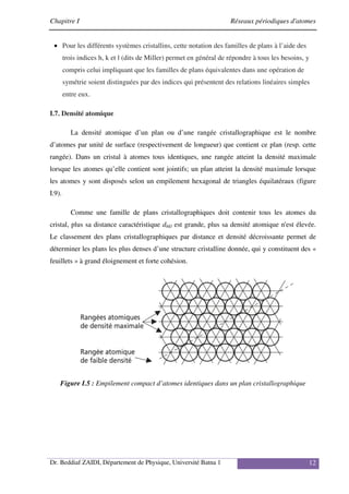 Chapitre I Réseaux périodiques d'atomes
Dr. Beddiaf ZAIDI, Département de Physique, Université Batna 1 12
• Pour les différents systèmes cristallins, cette notation des familles de plans à l’aide des
trois indices h, k et l (dits de Miller) permet en général de répondre à tous les besoins, y
compris celui impliquant que les familles de plans équivalentes dans une opération de
symétrie soient distinguées par des indices qui présentent des relations linéaires simples
entre eux.
I.7. Densité atomique
La densité atomique d’un plan ou d’une rangée cristallographique est le nombre
d’atomes par unité de surface (respectivement de longueur) que contient ce plan (resp. cette
rangée). Dans un cristal à atomes tous identiques, une rangée atteint la densité maximale
lorsque les atomes qu’elle contient sont jointifs; un plan atteint la densité maximale lorsque
les atomes y sont disposés selon un empilement hexagonal de triangles équilatéraux (figure
I.9).
Comme une famille de plans cristallographiques doit contenir tous les atomes du
cristal, plus sa distance caractéristique dhkl est grande, plus sa densité atomique n'est élevée.
Le classement des plans cristallographiques par distance et densité décroissante permet de
déterminer les plans les plus denses d’une structure cristalline donnée, qui y constituent des «
feuillets » à grand éloignement et forte cohésion.
Figure I.5 : Empilement compact d’atomes identiques dans un plan cristallographique
 