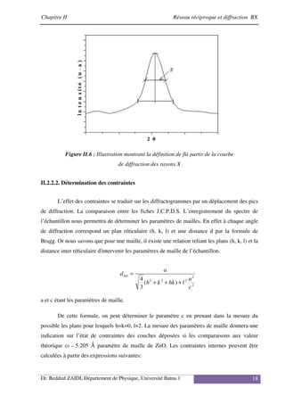 Chapitre II Réseau réciproque et diffraction RX
Dr. Beddiaf ZAIDI, Département de Physique, Université Batna 1 18
Figure II.6 : Illustration montrant la définition de βà partir de la courbe
de diffraction des rayons X
II.2.2.2. Détermination des contraintes
L’effet des contraintes se traduit sur les diffractogrammes par un déplacement des pics
de diffraction. La comparaison entre les fiches J.C.P.D.S. L’enregistrement du spectre de
l’échantillon nous permettra de déterminer les paramètres de mailles. En effet à chaque angle
de diffraction correspond un plan réticulaire (h, k, l) et une distance d par la formule de
Bragg. Or nous savons que pour une maille, il existe une relation reliant les plans (h, k, l) et la
distance inter réticulaire d'intervenir les paramètres de maille de l’échantillon.
2
2
2
2
2
)
(
3
4
c
a
l
hk
k
h
a
dhkl
+
+
+
=
a et c étant les paramètres de maille.
De cette formule, on peut déterminer le paramètre c en prenant dans la mesure du
possible les plans pour lesquels h=k=0, l=2. La mesure des paramètres de maille donnera une
indication sur l’état de contraintes des couches déposées si les comparaisons aux valeur
théorique c0 = 5.205 Ǻ paramètre de maille de ZnO. Les contraintes internes peuvent être
calculées à partir des expressions suivantes:
 