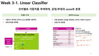 12
Week 3-1. Linear Classifier
단어별로 가중치를 부여하여, 긍정/부정의 score로 분류
• 아래 문장에서 긍정을 표현하는 단어의 가중치가 높아서
• 긍정으로 분류함
• 가중치가 부여된 단어의 score 합계를 이용하여
• 긍정/부정을 분류함
모델의 구성 문장의 Scoring
 