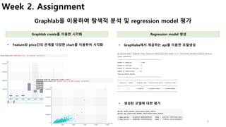 8
Week 2. Assignment
Graphlab을 이용하여 탐색적 분석 및 regression model 평가
• Graphlaba에서 제공하는 api를 이용한 모델생성• Feature와 price간의 관계를 다양한 chart를 이용하여 시각화
Graphlab create를 이용한 시각화 Regression model 생성
• 생성된 모델에 대한 평가
 