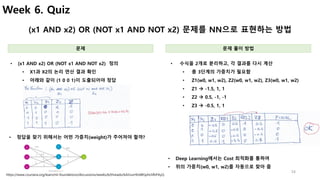 34
Week 6. Quiz
(x1 AND x2) OR (NOT x1 AND NOT x2) 문제를 NN으로 표현하는 방법
• 수식을 2개로 분리하고, 각 결과를 다시 계산
• 총 3단계의 가중치가 필요함
• Z1(w0,...