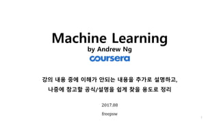 Machine Learning
by Andrew Ng
1
2017.08
freepsw
강의 내용 중에 이해가 안되는 내용을 추가로 설명하고,
나중에 참고할 공식/설명을 쉽게 찾을 용도로 정리
 