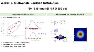 Week9-3. Multivariate Gaussian Distribution
113
여러 개의 feature를 이용한 정규분포
Data Center의 이상현상 모니터링 새로운 feature를 이용한 anomal 데이터...