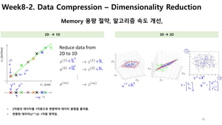 Week8-2. Data Compression – Dimensionality Reduction
96
Memory 용량 절약, 알고리즘 속도 개선,
• 2차원의 데이터를 1차원으로 변환하여 데이터 용량을 줄여줌.
• 변환...
