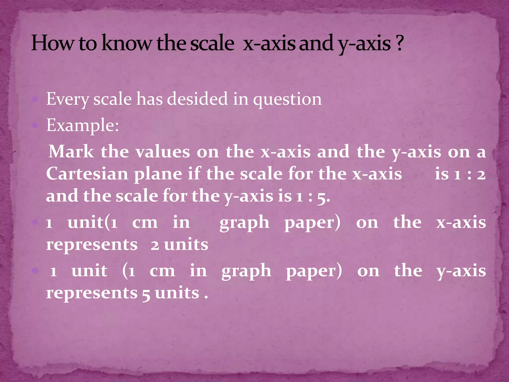  Every scale has desided in question
 Example:

Mark the values on the x-axis and the y-axis on a
Cartesian plane if the scale for the x-axis
is 1 : 2
and the scale for the y-axis is 1 : 5.
 1 unit(1 cm in
graph paper) on the x-axis
represents 2 units
 1 unit (1 cm in graph paper) on the y-axis
represents 5 units .

 