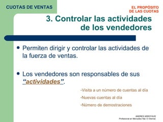3. Controlar las actividades de los vendedores Permiten dirigir y controlar las actividades de la fuerza de ventas. Los vendedores son responsables de sus  “ actividades ” . EL PROPÓSITO DE LAS CUOTAS CUOTAS DE VENTAS Visita a un número de cuentas al día Nuevas cuentas al día Número de demostraciones 