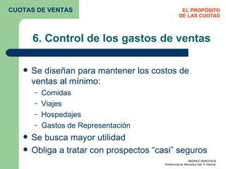 6. Control de los gastos de ventas Se diseñan para mantener los costos de ventas al mínimo: Comidas Viajes Hospedajes Gastos de Representación Se busca mayor utilidad Obliga a tratar con prospectos “casi” seguros EL PROPÓSITO DE LAS CUOTAS CUOTAS DE VENTAS 