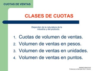 CLASES DE CUOTAS Cuotas de volumen de ventas. Volumen de ventas en pesos. Volumen de ventas en unidades. Volumen de ventas en puntos. CUOTAS DE VENTAS Dependen de la naturaleza de la industria y del producto. 