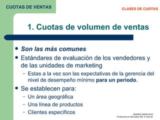 1. Cuotas de volumen de ventas Son las más comunes Estándares de evaluación de los vendedores y de las unidades de marketing Estas a la vez son las expectativas de la gerencia del nivel de desempeño mínimo  para un periodo . Se establecen para: Un área geográfica Una línea de productos Clientes específicos CLASES DE CUOTAS CUOTAS DE VENTAS 