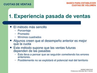 1 .  Experiencia pasada de ventas El método más sencillo  Porcentaje Promedio Mínimos cuadrados Algunos creen que el desempeño anterior es mejor que la cuota Este método supone que las ventas futuras dependen de las pasadas Esto lleva a pensar que se seguirán cometiendo los errores anteriores. Posiblemente no se explotará el potencial real del territorio BASES PARA ESTABLECER CUOTAS DE VOLUMEN CUOTAS DE VENTAS 