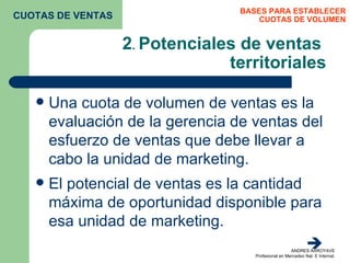 2 .  Potenciales de ventas  territoriales Una cuota de volumen de ventas es la evaluación de la gerencia de ventas del esfuerzo de ventas que debe llevar a cabo la unidad de marketing. El potencial de ventas es la cantidad máxima de oportunidad disponible para esa unidad de marketing.  BASES PARA ESTABLECER CUOTAS DE VOLUMEN CUOTAS DE VENTAS 