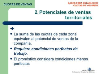 2 .  Potenciales de ventas  territoriales  La suma de las cuotas de cada zona equivalen al potencial de ventas de la compañía. Requiere condiciones perfectas de trabajo. El pronóstico considera condiciones menos perfectas  BASES PARA ESTABLECER CUOTAS DE VOLUMEN CUOTAS DE VENTAS 
