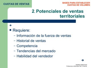 2 .  Potenciales de ventas  territoriales  Requiere: Información de la fuerza de ventas Historial de ventas Competencia Tendencias del mercado Habilidad del vendedor  BASES PARA ESTABLECER CUOTAS DE VOLUMEN CUOTAS DE VENTAS 