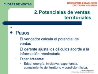 2 .  Potenciales de ventas  territoriales  Pasos: El vendedor calcula el potencial de ventas El gerente ajusta los cálculos acorde a la información recolectada Tener presente : Edad, energía, iniciativa, experiencia, conocimiento del territorio y condición física. BASES PARA ESTABLECER CUOTAS DE VOLUMEN CUOTAS DE VENTAS  