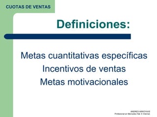 Definiciones: Metas cuantitativas específicas Incentivos de ventas Metas motivacionales CUOTAS DE VENTAS 