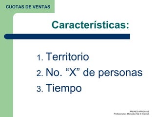 Características: Territorio No. “X” de personas Tiempo CUOTAS DE VENTAS 