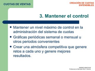 3. Mantener el control Mantener un nivel máximo de control en la administración del sistema de cuotas  Gráficas periódicas semanal o mensual u otros periodos convenientes Crear una atmósfera competitiva que genere retos a cada uno y genere mejores resultados. CREACIÓN DE CUOTAS ENTENDIBLES CUOTAS DE VENTAS 