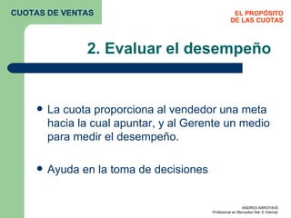 2. Evaluar el desempeño La cuota proporciona al vendedor una meta hacia la cual apuntar, y al Gerente un medio para medir el desempeño. Ayuda en la toma de decisiones EL PROPÓSITO DE LAS CUOTAS CUOTAS DE VENTAS 