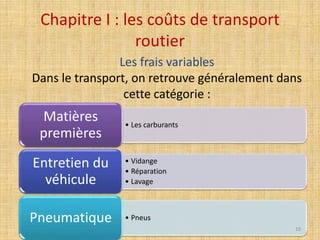 Chapitre I : les coûts de transport
routier
• Les carburants
Matières
premières
• Vidange
• Réparation
• Lavage
Entretien du
véhicule
• PneusPneumatique
Les frais variables
Dans le transport, on retrouve généralement dans
cette catégorie :
10
 