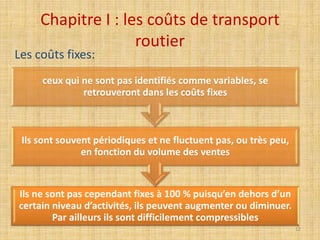 Chapitre I : les coûts de transport
routier
Ils ne sont pas cependant fixes à 100 % puisqu’en dehors d’un
certain niveau d’activités, ils peuvent augmenter ou diminuer.
Par ailleurs ils sont difficilement compressibles
Ils sont souvent périodiques et ne fluctuent pas, ou très peu,
en fonction du volume des ventes
ceux qui ne sont pas identifiés comme variables, se
retrouveront dans les coûts fixes
Les coûts fixes:
12
 