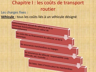 Chapitre I : les coûts de transport
routier
Les charges fixes :
Véhicule : tous les coûts liés à un véhicule désigné
14
 