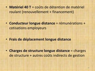 • Matériel 40 T = coûts de détention de matériel
roulant (renouvellement + financement)
• Conducteur longue distance = rémunérations +
cotisations employeurs
• Frais de déplacement longue distance
• Charges de structure longue distance = charges
de structure + autres coûts indirects de gestion
26
 