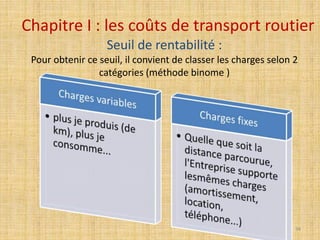 Chapitre I : les coûts de transport routier
Seuil de rentabilité :
Pour obtenir ce seuil, il convient de classer les charges selon 2
catégories (méthode binome )
34
 