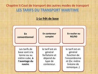Les tarifs de
base sont à la
tonne ou au
mètre cube, à
l'avantage du
navire.
le tarif est en
général
forfaitaire et
dépend du
type de
conteneur.
le tarif est en
général
fonction de
l'encombreme
nt (Ex: mètre
linéaire de
remorque..)
En
conventionnel
En conteneur
complet
En roulier ou
RO/RO
Chapitre II:Cout de transport des autres modes de transport
LES TARIFS DU TRANSPORT MARITIME
1-Le frêt de base
73
 