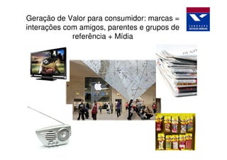 Geração de Valor para consumidor: marcas =
interações com amigos, parentes e grupos de
             referência + Mídia
 