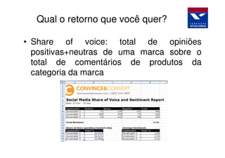 Qual o retorno que você quer?

• Share of voice: total de opiniões
  positivas+neutras de uma marca sobre o
  total de comentários de produtos da
  categoria da marca
 