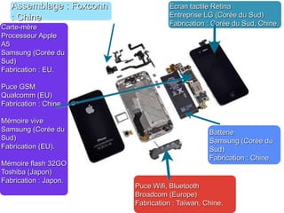 Ecran tactile Retina 
Entreprise LG (Corée du Sud) 
Fabrication : Corée du Sud, Chine. 
Assemblage : Foxconn 
: Chine 
Batterie 
Samsung (Corée du 
Sud) 
Fabrication : Chine. 
Puce Wifi, Bluetooth 
Broadcom (Europe) 
Fabrication : Taïwan, Chine. 
Carte-mère 
Processeur Apple 
A5 
Samsung (Corée du 
Sud) 
Fabrication : EU. 
Puce GSM 
Qualcomm (EU) 
Fabrication : Chine. 
Mémoire vive 
Samsung (Corée du 
Sud) 
Fabrication (EU). 
Mémoire flash 32GO 
Toshiba (Japon) 
Fabrication : Japon. 
 
