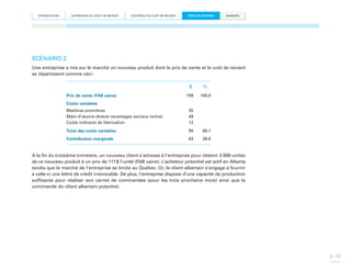 INTRODUCTION

ESTIMATION DU COÛT DE REVIENT

CONTRÔLE DU COÛT DE REVIENT

PRISE DE DÉCISION

ANNEXES

SCÉNARIO 2
Une entreprise a mis sur le marché un nouveau produit dont le prix de vente et le coût de revient
se répartissent comme ceci :

$
Prix de vente (FAB usine)

%

158

100,0

Coûts variables
Matières premières
Main-d’œuvre directe (avantages sociaux inclus)
Coûts indirects de fabrication

35
48
12

Total des coûts variables

95

60,1

Contribution marginale

63

39,9

À la fin du troisième trimestre, un nouveau client s’adresse à l’entreprise pour obtenir 3 000 unités
de ce nouveau produit à un prix de 117 $ l’unité (FAB usine). L’acheteur potentiel est actif en Alberta
tandis que le marché de l’entreprise se limite au Québec. Or, le client albertain s’engage à fournir
à celle-ci une lettre de crédit irrévocable. De plus, l’entreprise dispose d’une capacité de production
suffisante pour réaliser son carnet de commandes (pour les trois prochains mois) ainsi que la
commande du client albertain potentiel.

p. 34

 