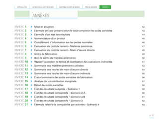 INTRODUCTION

ESTIMATION DU COÛT DE REVIENT

CONTRÔLE DU COÛT DE REVIENT

PRISE DE DÉCISION

ANNEXES

ANNEXES
ANNEXE
ANNEXE
ANNEXE
ANNEXE
ANNEXE
ANNEXE
ANNEXE
ANNEXE
ANNEXE
ANNEXE
ANNEXE
ANNEXE
ANNEXE
ANNEXE
ANNEXE
ANNEXE
ANNEXE
ANNEXE
ANNEXE
ANNEXE
ANNEXE

1	
2	
3	
4	
5	
6	
7	
8	
9	
10	
11	
12	
13	
14	
15	
16	
17	
18	
19	
20	
21	

	 Mise en situation

42

	 Exemple de coût unitaire selon le coût complet et les coûts variables

43

	 Exemple d’un état des résultats

44

	 Nomenclature d’un produit

45

	 Complément d’information sur les pertes normales

46

	 Évaluation du coût de revient – Matières premières

47

	 Évaluation du coût de revient – Main-d’œuvre directe

48

	 Ordre de fabrication

49

	 Bon de sortie de matières premières

50

	 Rapport quotidien de temps et codification des opérations indirectes

51

	 Sommaire des matières premières utilisées

53

	 Sommaire des heures de main-d’œuvre directe 

54

	 Sommaire des heures de main-d’œuvre indirecte

55

	 État et sommaire des coûts variables de fabrication

56

	 Analyse de la contribution marginale

57

	 Détail des coûts variables

58

	 État des résultats budgétés – Scénario 1

59

	 État des résultats comparatifs – Scénario 2-A

60

	 État des résultats comparatifs – Scénario 2-B

61

	 État des résultats comparatifs – Scénario 3

62

	 Exemple relatif à la compabilité par activités – Scénario 4

63

p. 41

 