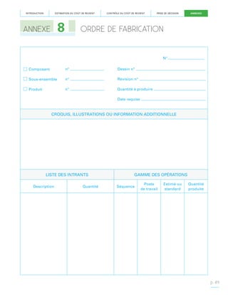 INTRODUCTION

ESTIMATION DU COÛT DE REVIENT

8

ANNEXE

CONTRÔLE DU COÛT DE REVIENT

PRISE DE DÉCISION

ANNEXES

ORDRE DE FABRICATION

N°

 Composant

n°

Dessin n°

 Sous-ensemble

n°

Révision n°

 Produit

n°

Quantité à produire
Date requise

CROQUIS, ILLUSTRATIONS OU INFORMATION ADDITIONNELLE

LISTE DES INTRANTS
Description

Quantité

GAMME DES OPÉRATIONS
Séquence

Poste
de travail

Estimé ou
standard

Quantité
produite

p. 49

 