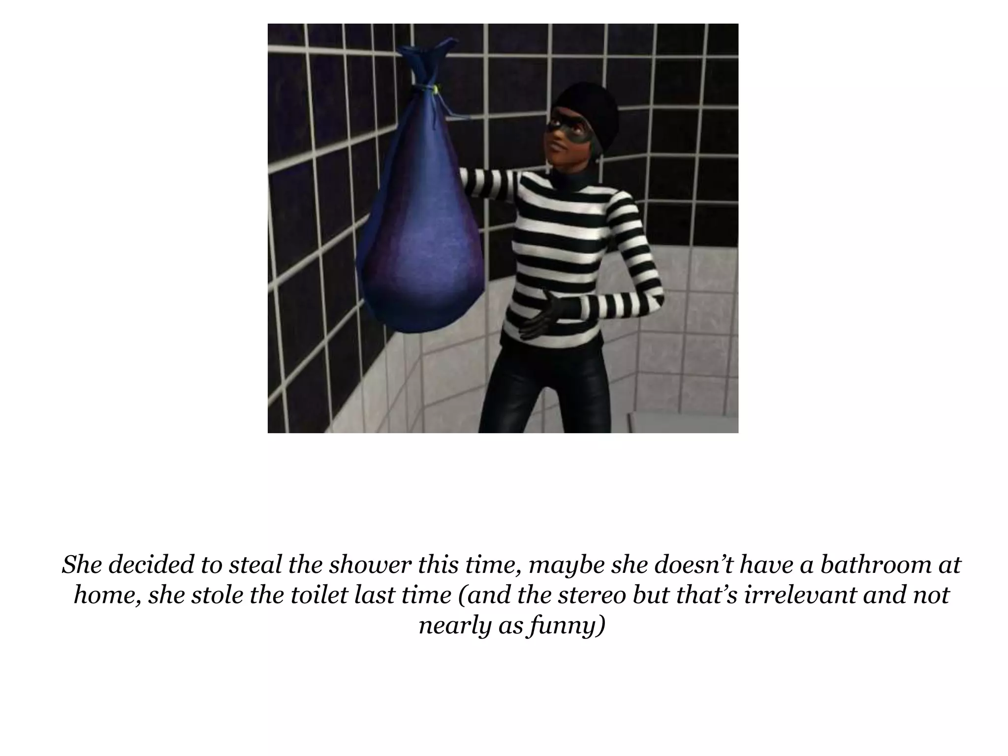She decided to steal the shower this time, maybe she doesn’t have a bathroom at home, she stole the toilet last time (and the stereo but that’s irrelevant and not nearly as funny)