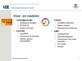 3© 2014 Universitair Ziekenhuis Gent
Voor- en nadelen
Leidinggevende:
Strategisch (budget)
WYSIWYG
Impact verhoogt
Lerende:
Leereffect
Vertrouwen & motivatie
Sterker aanbod
leermiddelen
Trainer:
Duidelijke afspraken
Betere selectie
Nauwere samenwerking
L&D
Zichtbaarheid
Geloofwaardigheid
Groeiproces naar meer
expertise
Co-creatie
Kansen
 