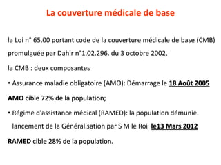 La couverture médicale de base
la Loi n° 65.00 portant code de la couverture médicale de base (CMB)
promulguée par Dahir n°1.02.296. du 3 octobre 2002,
la CMB : deux composantes
• Assurance maladie obligatoire (AMO): Démarrage le 18 Août 2005
AMO cible 72% de la population;
• Régime d'assistance médical (RAMED): la population démunie.
lancement de la Généralisation par S M le Roi le13 Mars 2012
RAMED cible 28% de la population.
 