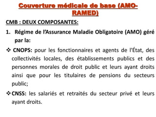 CMB : DEUX COMPOSANTES:
1. Régime de l’Assurance Maladie Obligatoire (AMO) géré
par la:
 CNOPS: pour les fonctionnaires et agents de l'État, des
collectivités locales, des établissements publics et des
personnes morales de droit public et leurs ayant droits
ainsi que pour les titulaires de pensions du secteurs
public;
CNSS: les salariés et retraités du secteur privé et leurs
ayant droits.
Couverture médicale de base (AMO-
RAMED)
 